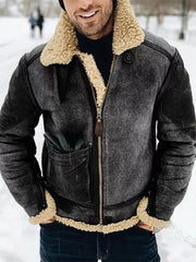 Men's Stylish Contrast Color Zip Up Fleece-lined Faux Suede Coat