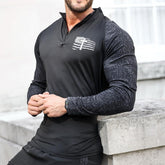 CROSS USA FLAG ACTIVE DRY-FIT MOISTURE WICKING QUARTER ZIP STAND COLLAR RAGLAN GRAPHIC LONG SLEEVE T-SHIRT