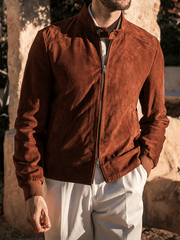 Men's Retro Solid Color Casual Open Pocket Zipper Stand Collar Jacket