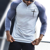 CROSS HENLEY NECK RAGLAN GRAPHIC 3/4 SLEEVE T-SHIRT