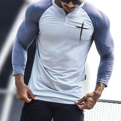 CROSS HENLEY NECK RAGLAN GRAPHIC 3/4 SLEEVE T-SHIRT