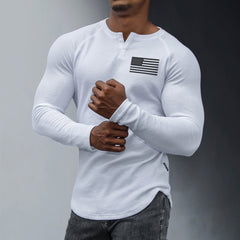 USA FLAG WAFFLE GRAPHIC HENLEY NECK LONG SLEEVE T-SHIRT