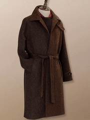 Men's Classic Herringbone Pattern Single-Breasted Open-Pocket Design Casual Woolen Coat (Belt Included)