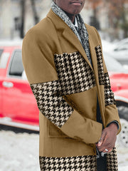 Men's Thickened Mid-length Houndstooth Color-block Woolen Coat