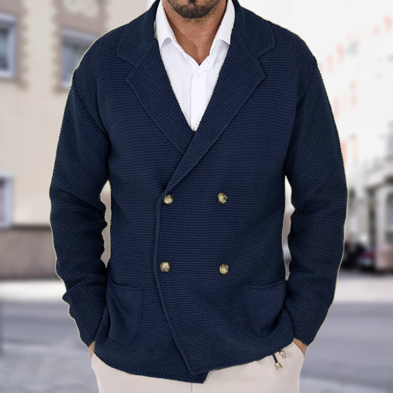Men's Solid Color Double Breasted Suit Collar Knitted Cardigan