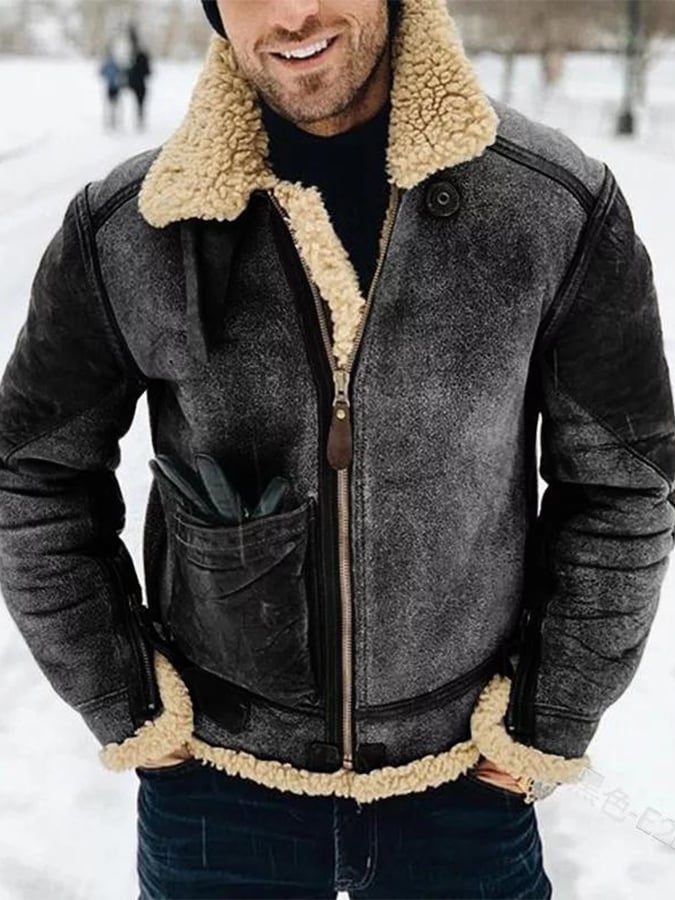 Men's Stylish Contrast Color Zip Up Fleece-lined Faux Suede Coat