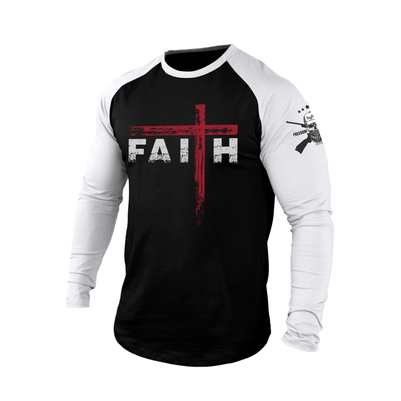 FAITH CROSS  100% COTTON RAGLAN GRAPHIC LONG SLEEVE T-SHIRT