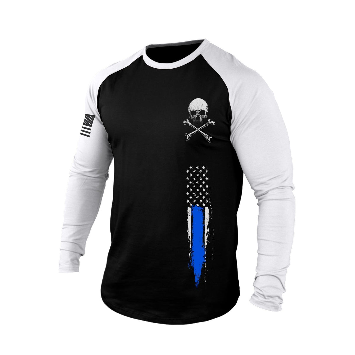 SKULL USA FLAG 100% COTTON RAGLAN GRAPHIC LONG SLEEVE T-SHIRT
