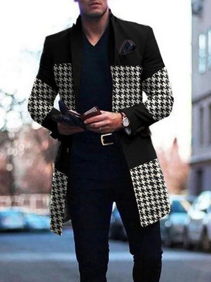 Men's Thickened Mid-length Houndstooth Color-block Woolen Coat