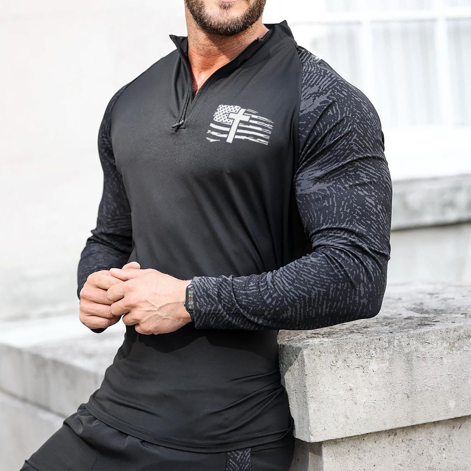 CROSS USA FLAG ACTIVE DRY-FIT MOISTURE WICKING QUARTER ZIP STAND COLLAR RAGLAN GRAPHIC LONG SLEEVE T-SHIRT