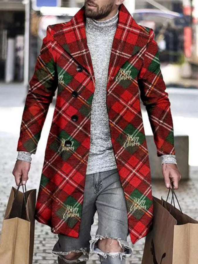 Men's Fashionable Christmas Element Printed Woolen Coat
