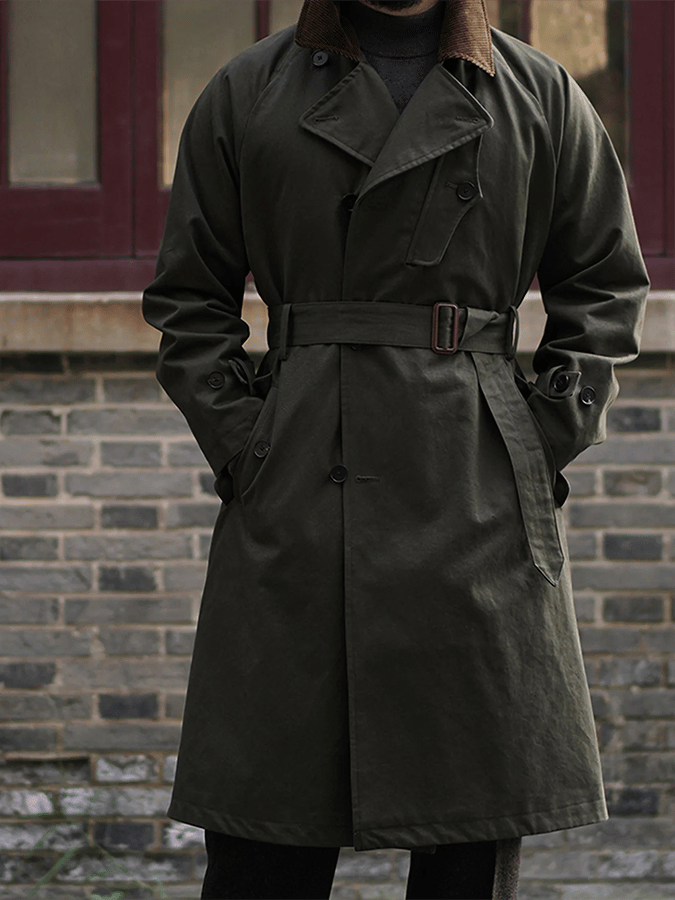 Men's Business Loose Fit Button Belt Casual Trench Coat
