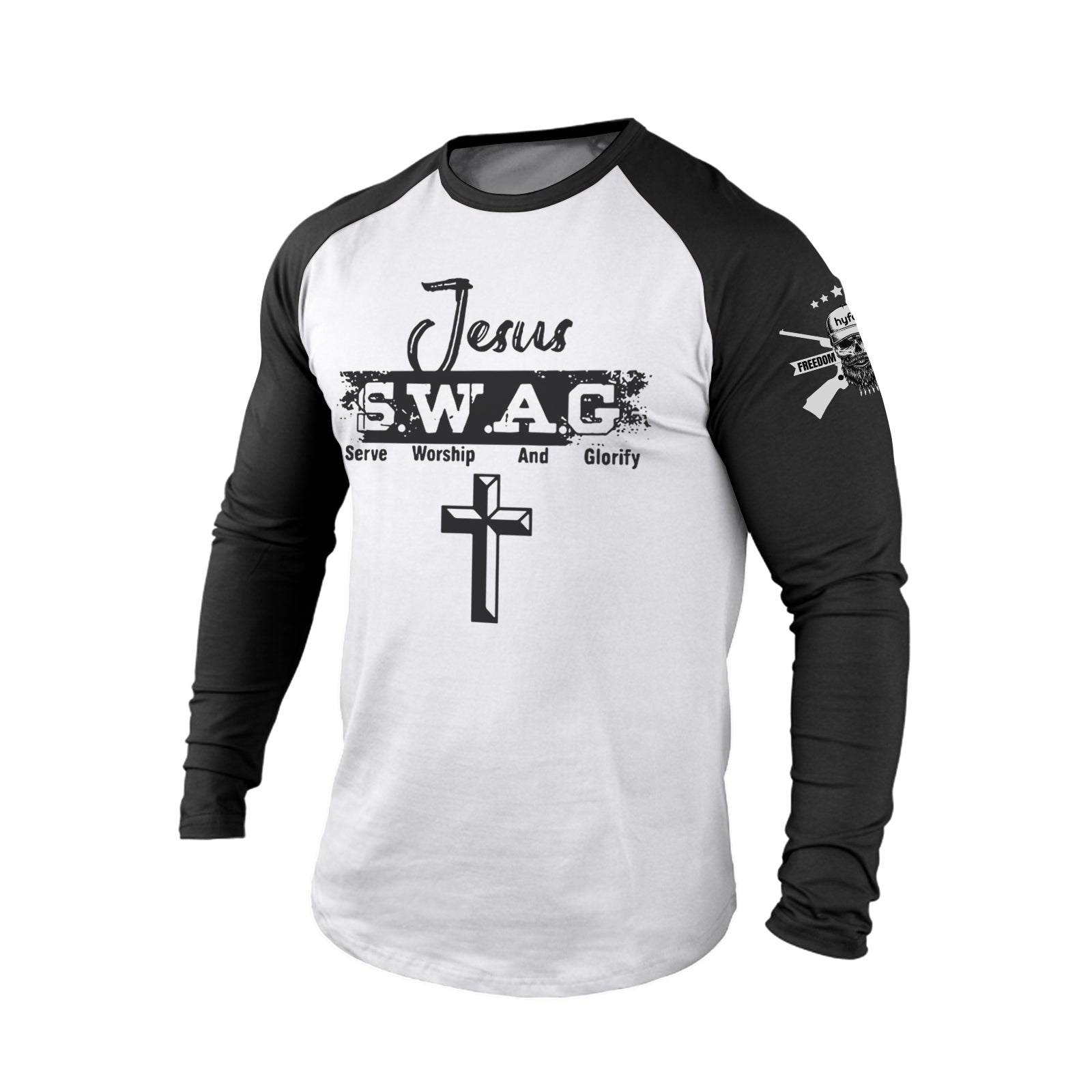 JESUS S.W.A.G CROSS 100% COTTON RAGLAN GRAPHIC LONG SLEEVE T-SHIRT