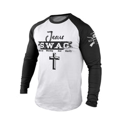 JESUS S.W.A.G CROSS 100% COTTON RAGLAN GRAPHIC LONG SLEEVE T-SHIRT