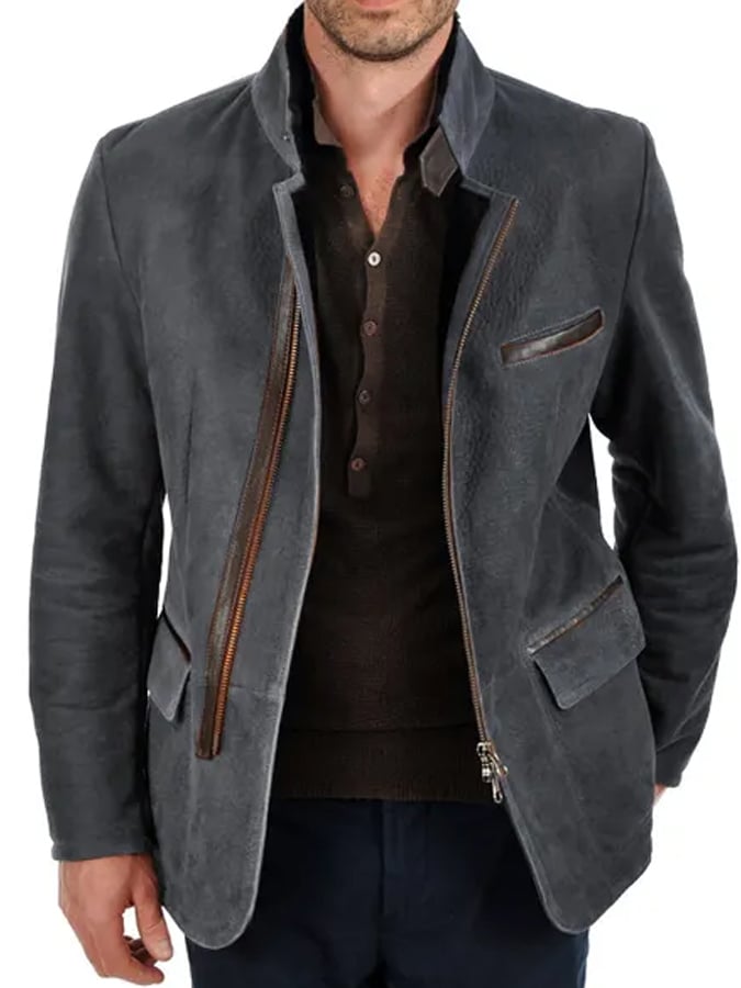 Men Vintage Stand Collar Suede Blazer Side Zip Fly Contrast Leather Webbing Medium Length Jacket Coats