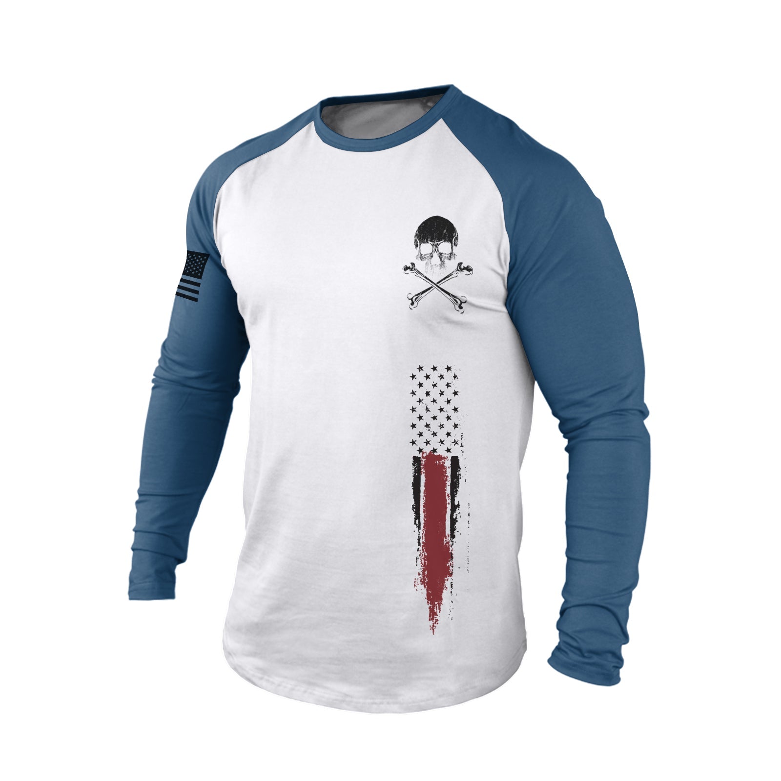 SKULL USA FLAG 100% COTTON RAGLAN GRAPHIC LONG SLEEVE T-SHIRT