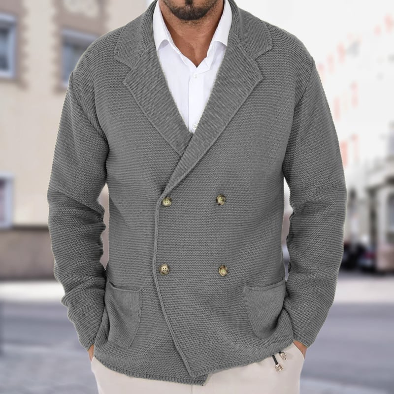 Men's Solid Color Double Breasted Suit Collar Knitted Cardigan