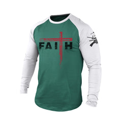FAITH CROSS  100% COTTON RAGLAN GRAPHIC LONG SLEEVE T-SHIRT