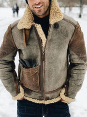 Men's Stylish Contrast Color Zip Up Fleece-lined Faux Suede Coat