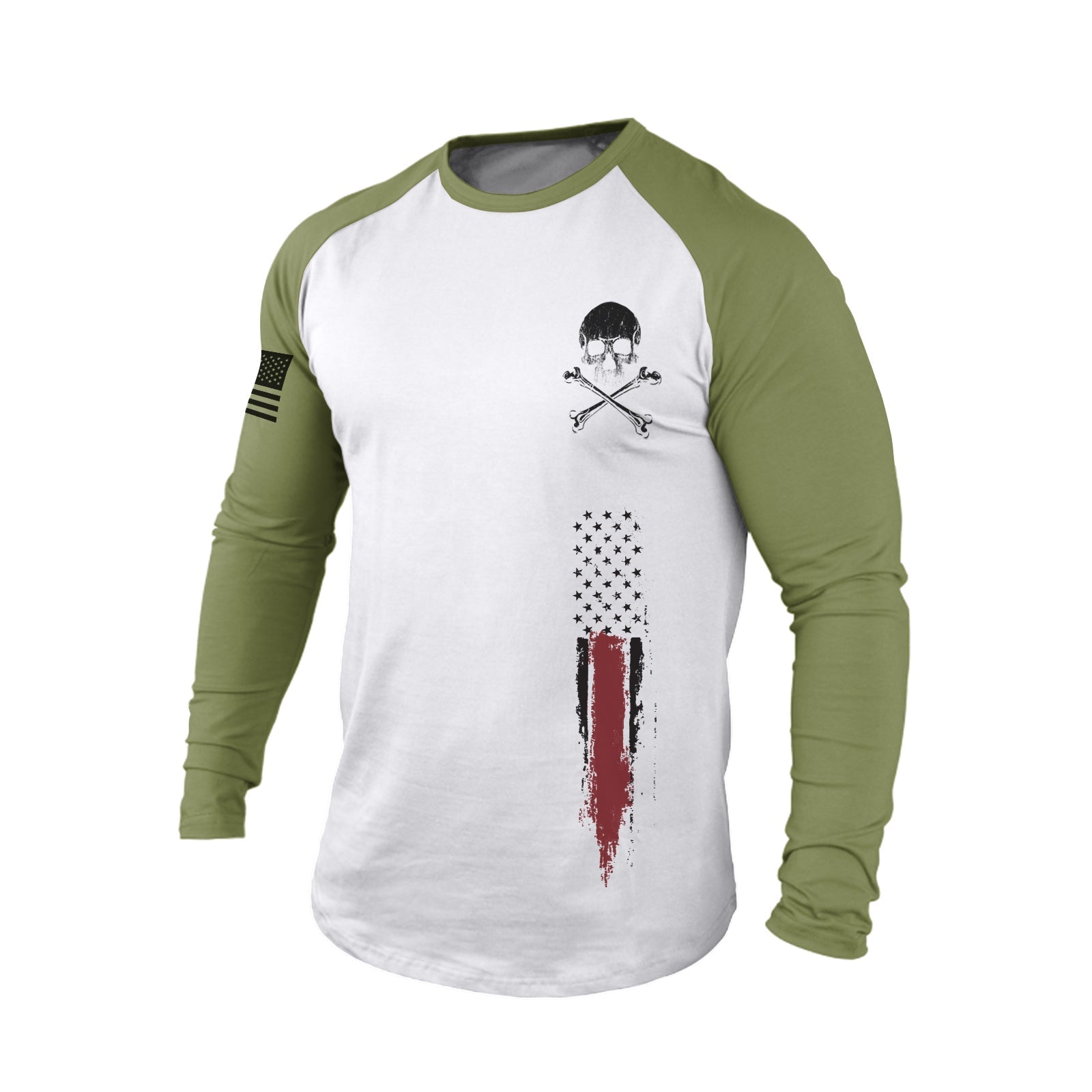 SKULL USA FLAG 100% COTTON RAGLAN GRAPHIC LONG SLEEVE T-SHIRT