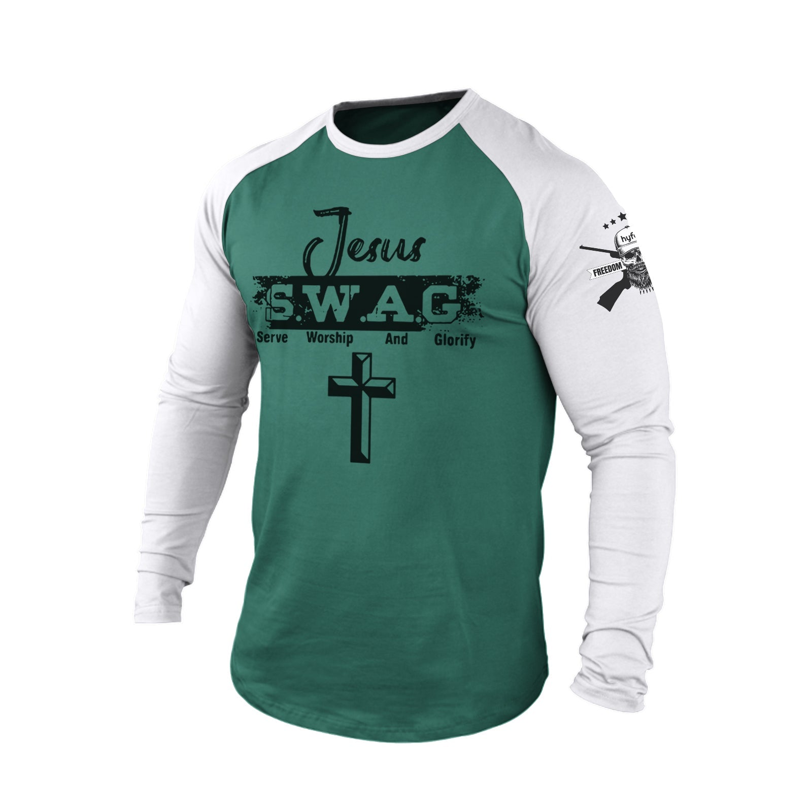 JESUS S.W.A.G CROSS 100% COTTON RAGLAN GRAPHIC LONG SLEEVE T-SHIRT