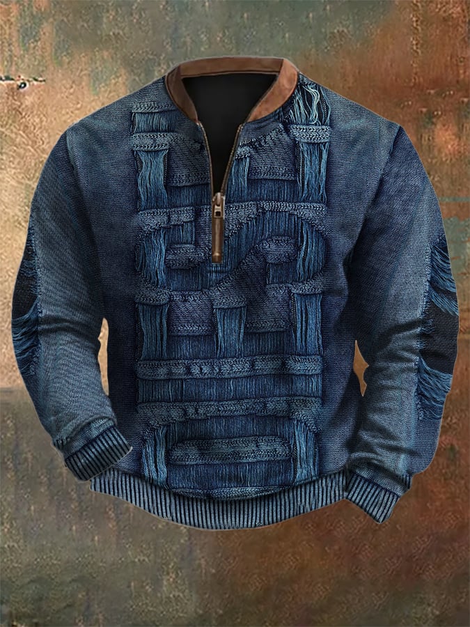 Men's Vintage Knit Print Zip-Up Sweatshirt