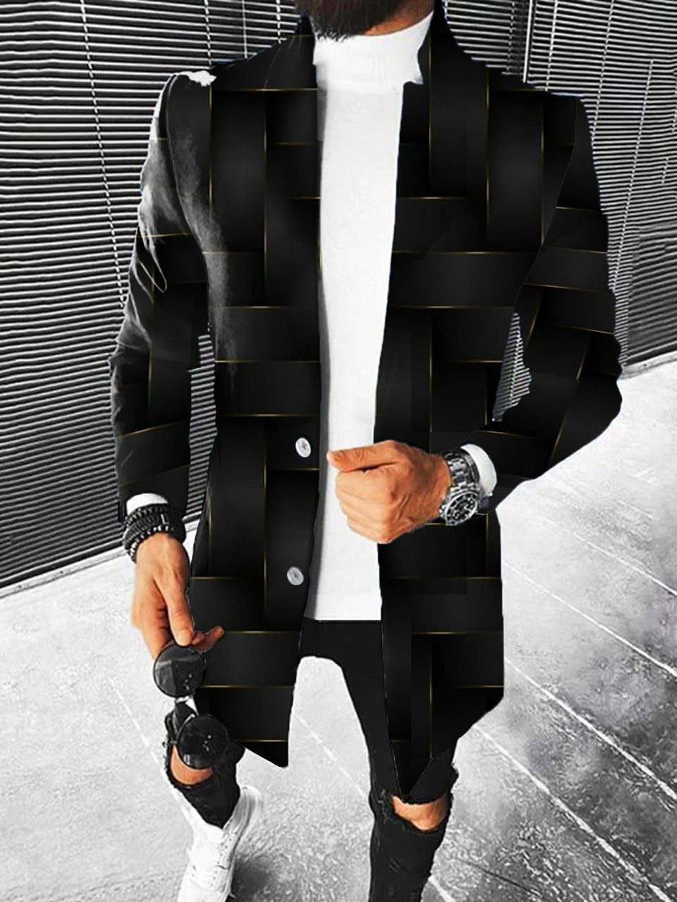 Men's Gold Line Textured Lapel Long Coat