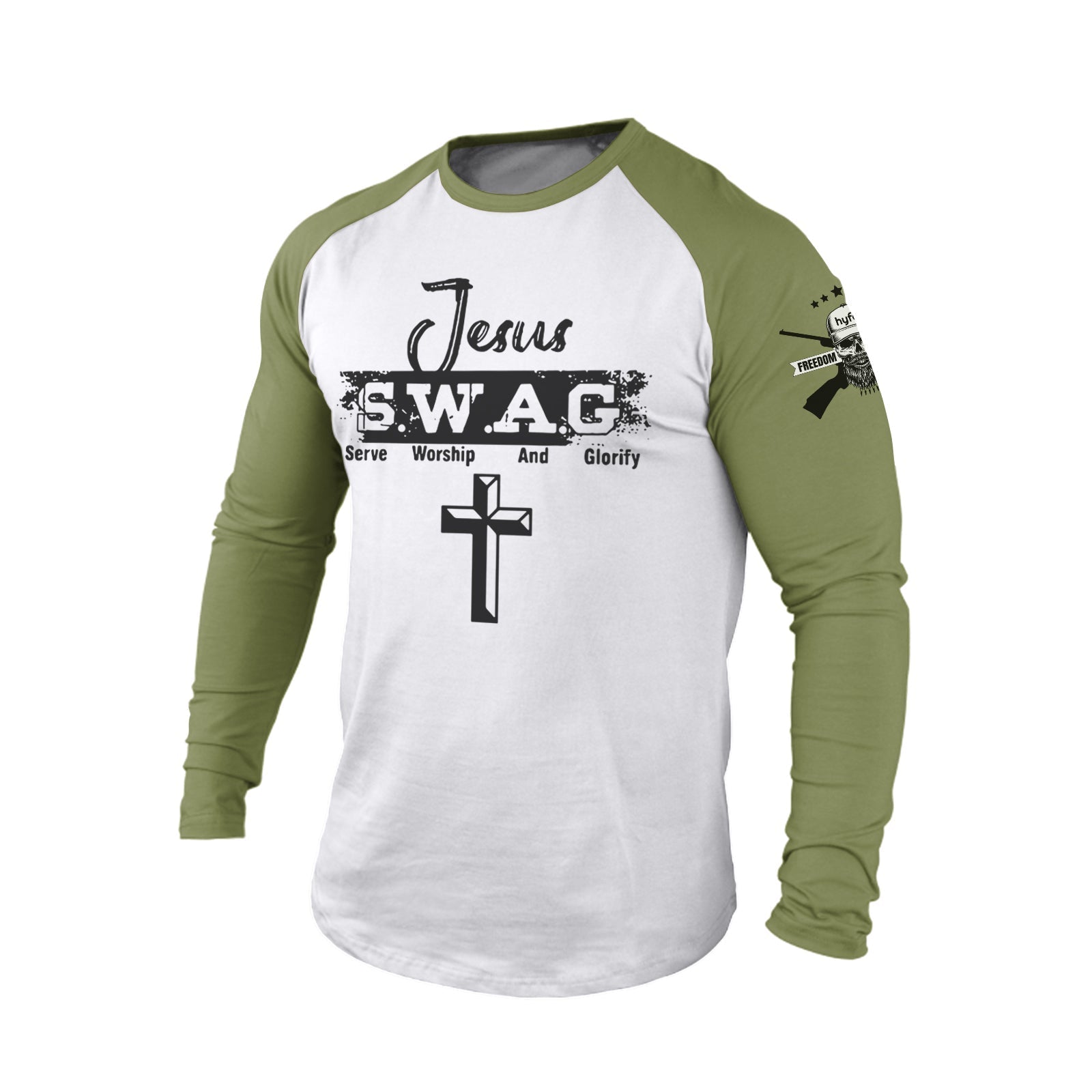 JESUS S.W.A.G CROSS 100% COTTON RAGLAN GRAPHIC LONG SLEEVE T-SHIRT