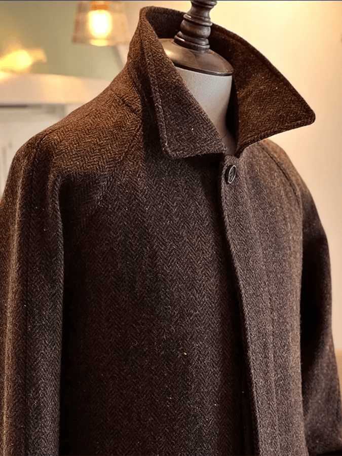 Men's Classic Herringbone Pattern Single-Breasted Open-Pocket Design Casual Woolen Coat (Belt Included)