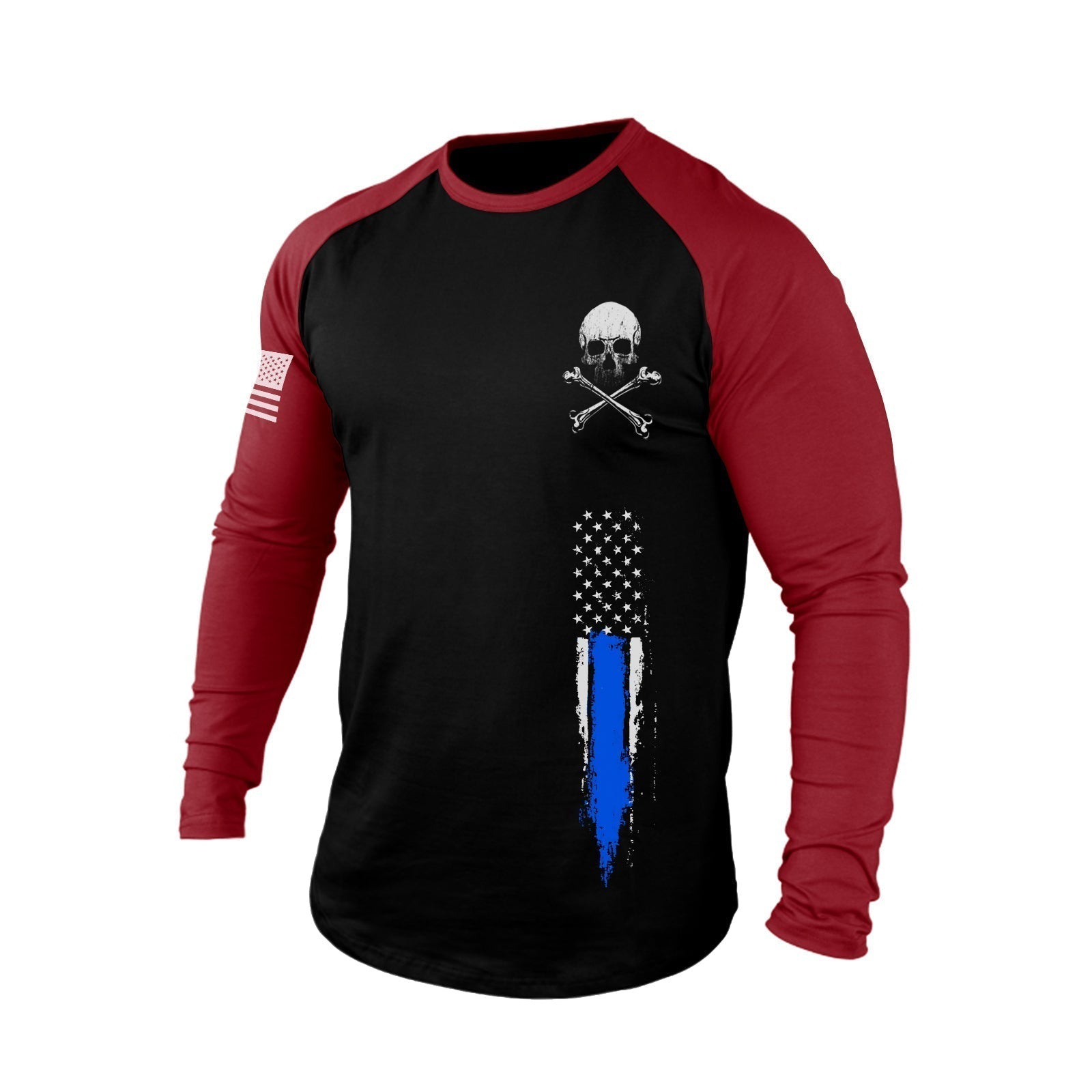 SKULL USA FLAG 100% COTTON RAGLAN GRAPHIC LONG SLEEVE T-SHIRT