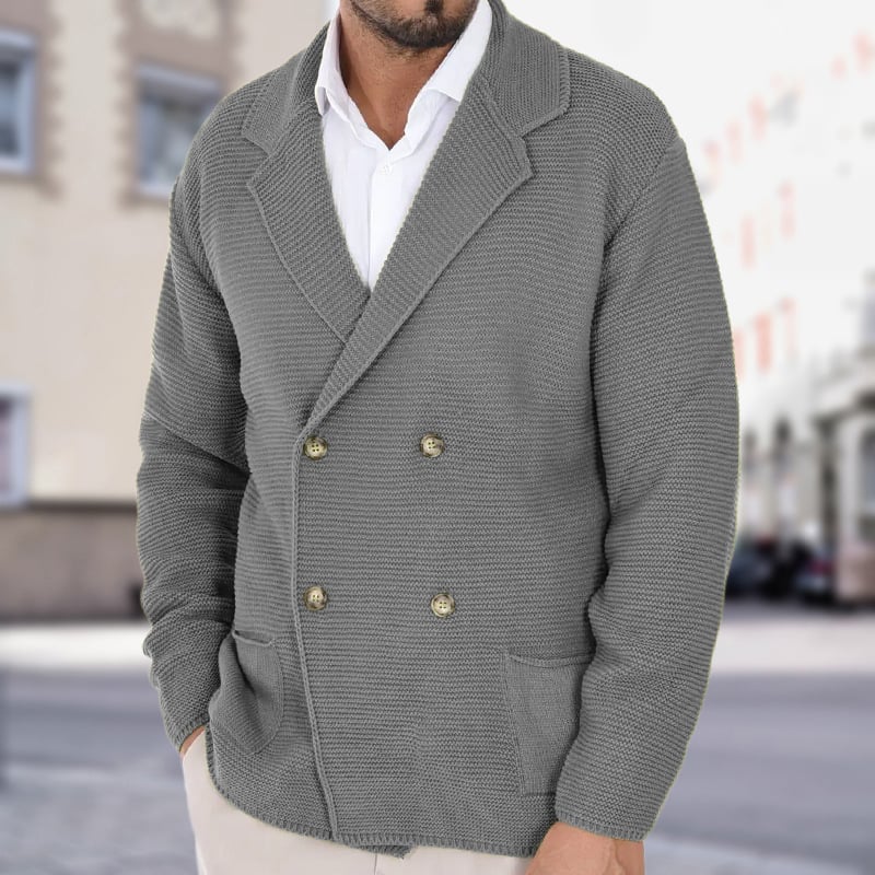 Men's Solid Color Double Breasted Suit Collar Knitted Cardigan