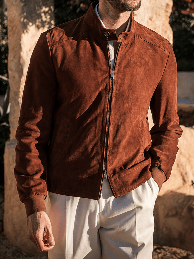 Men's Retro Solid Color Casual Open Pocket Zipper Stand Collar Jacket