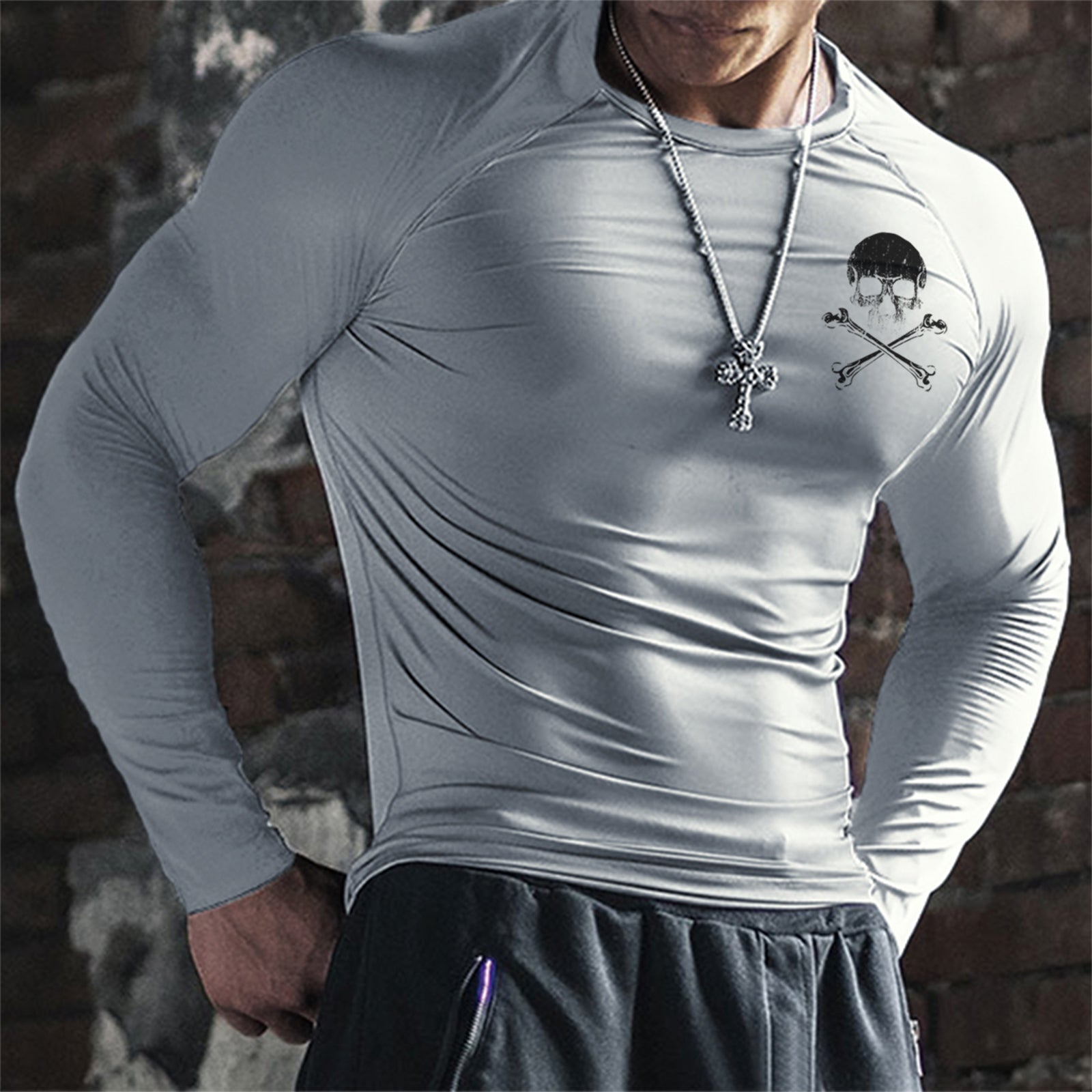 SKULL ACTIVE DRY-FIT MOISTURE WICKING RAGLAN GRAPHIC LONG SLEEVE T-SHIRT