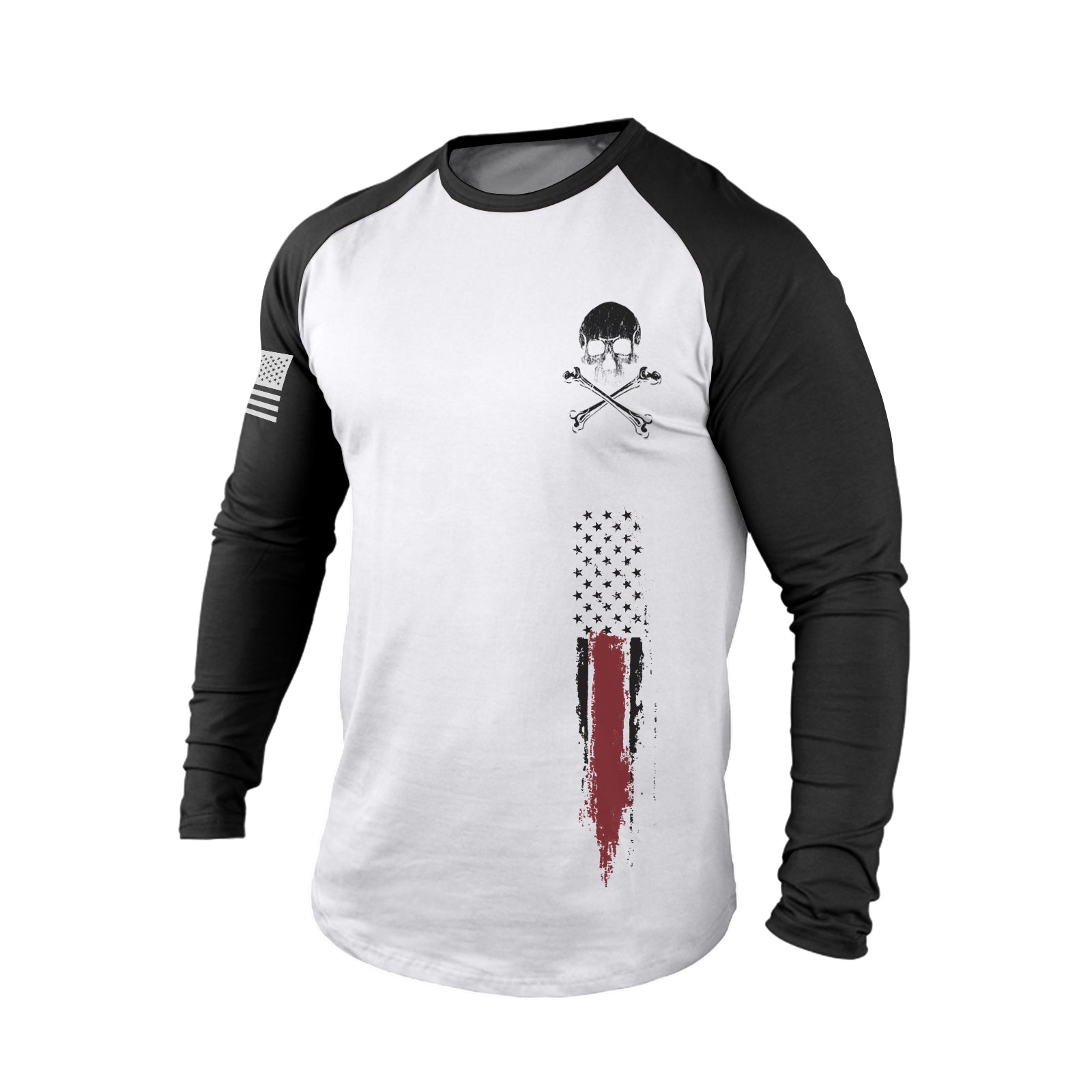 SKULL USA FLAG 100% COTTON RAGLAN GRAPHIC LONG SLEEVE T-SHIRT