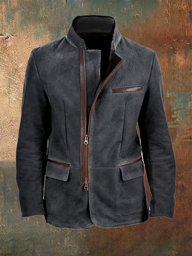Men Vintage Stand Collar Suede Blazer Side Zip Fly Contrast Leather Webbing Medium Length Jacket Coats