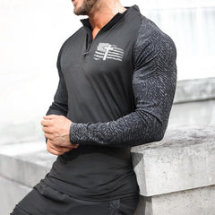 CROSS USA FLAG ACTIVE DRY-FIT MOISTURE WICKING QUARTER ZIP STAND COLLAR RAGLAN GRAPHIC LONG SLEEVE T-SHIRT