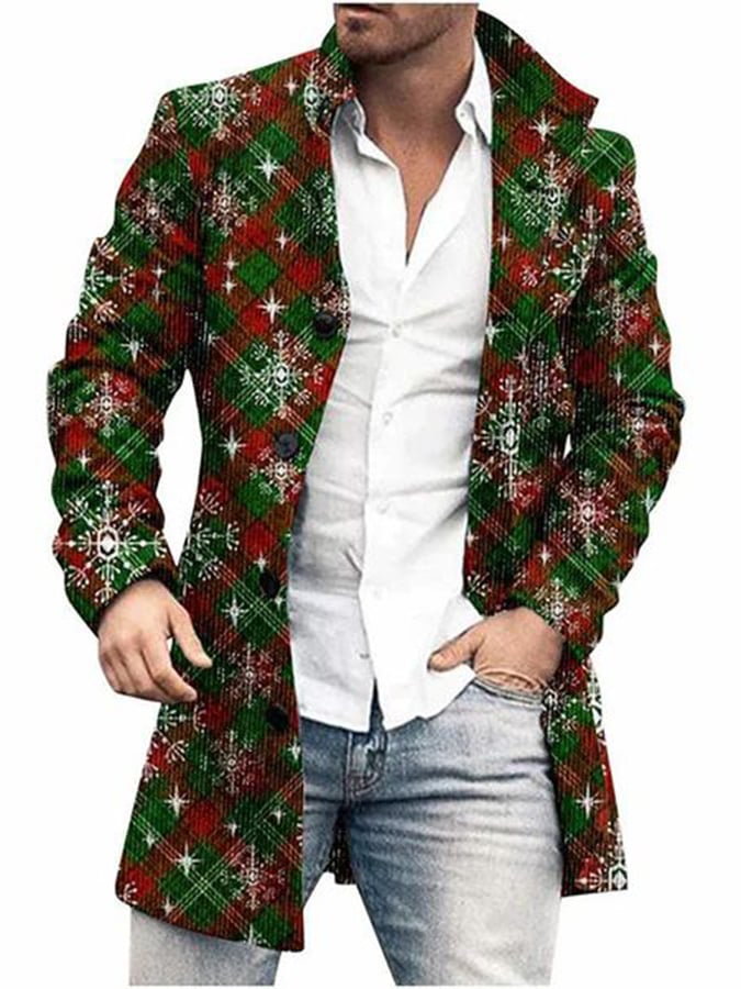 Men's Fashionable Christmas Element Printed Woolen Coat