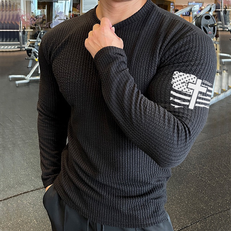 SPORT CROSS USA FLAG NOODLE TEXTURED GRAPHIC LONG SLEEVE T-SHIRT