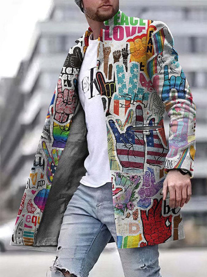Men's Stylish Graffiti Print Single Breasted Stand Collar Coat