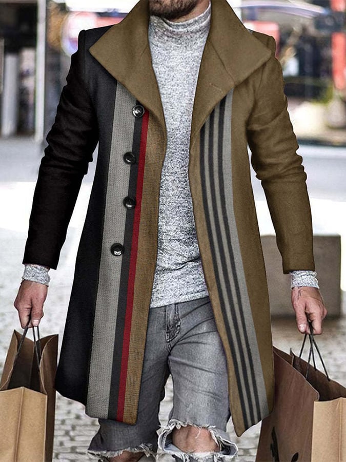 Men's Stylish Striped Single Breasted Faul Wool Coat