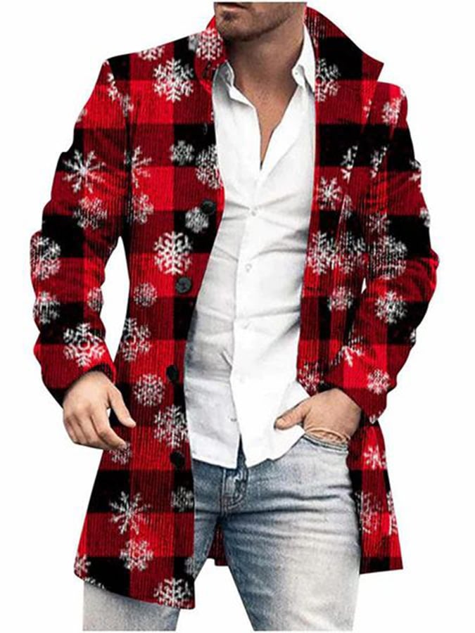 Men's Fashionable Christmas Element Printed Woolen Coat