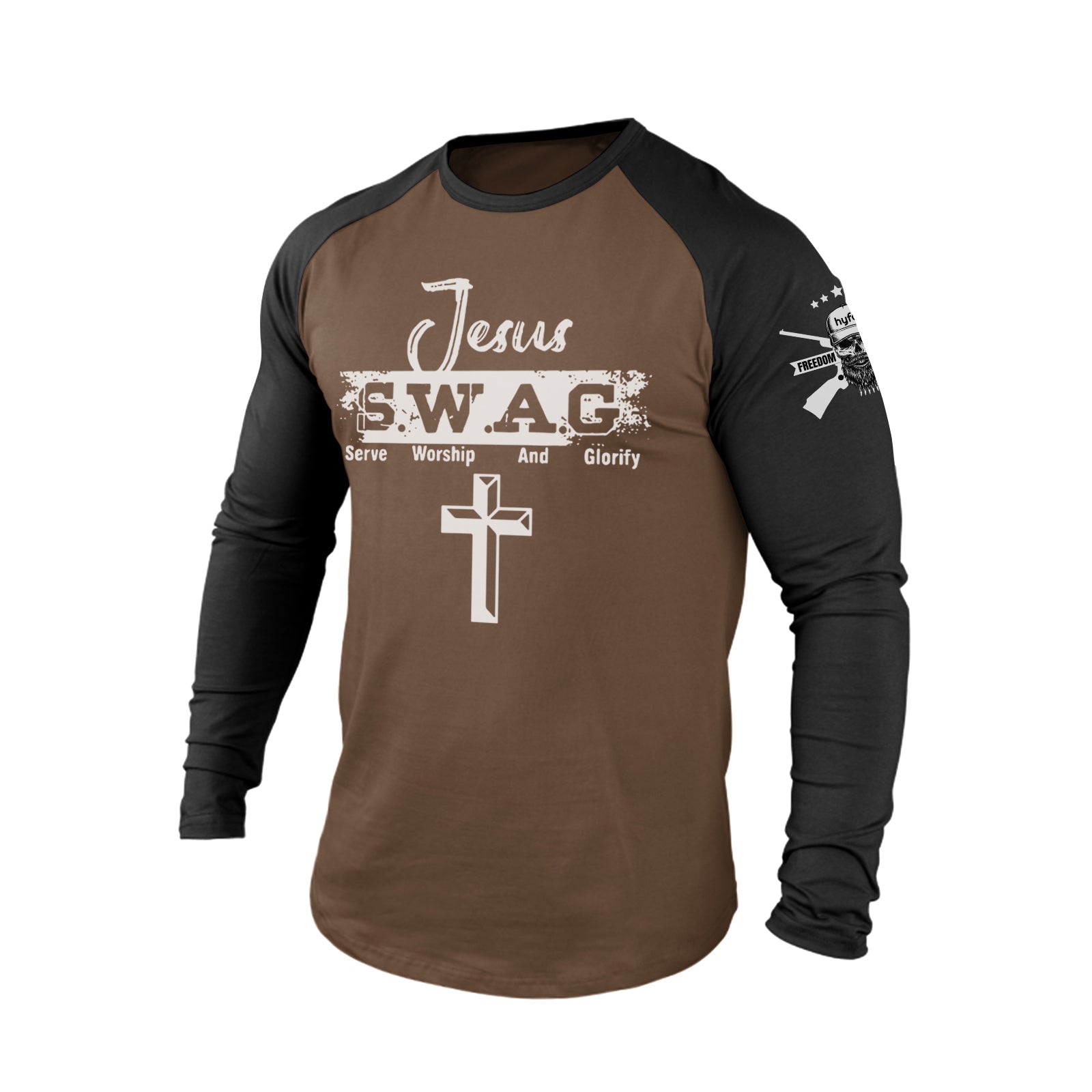 JESUS S.W.A.G CROSS 100% COTTON RAGLAN GRAPHIC LONG SLEEVE T-SHIRT