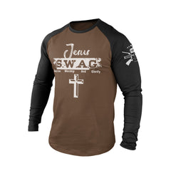 JESUS S.W.A.G CROSS 100% COTTON RAGLAN GRAPHIC LONG SLEEVE T-SHIRT