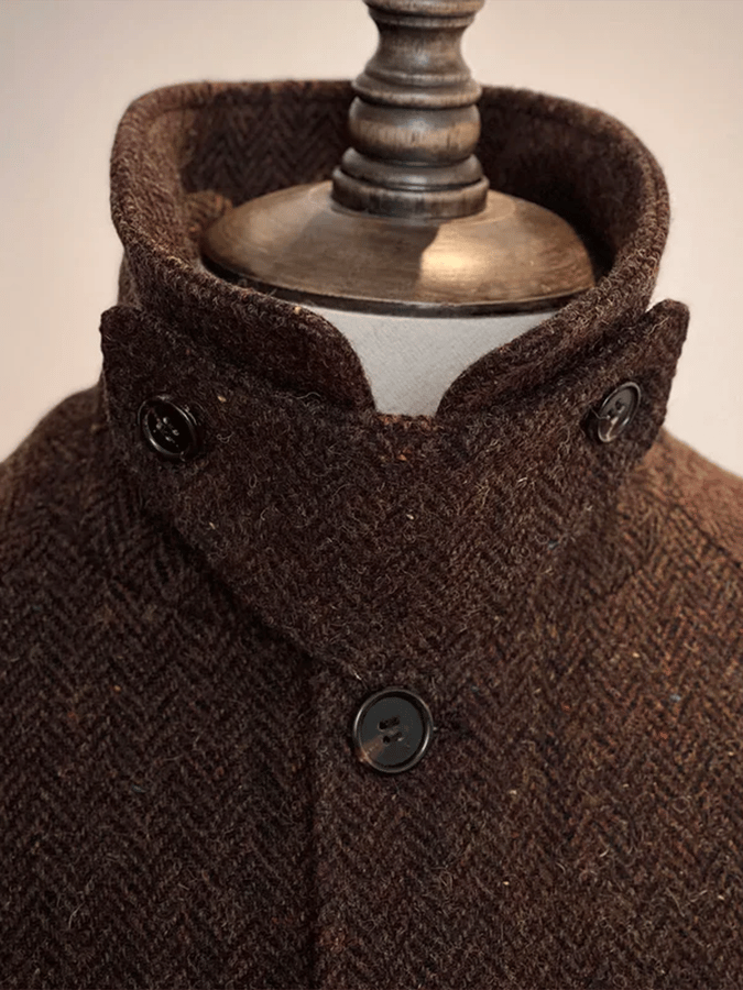 Men's Classic Herringbone Pattern Single-Breasted Open-Pocket Design Casual Woolen Coat (Belt Included)