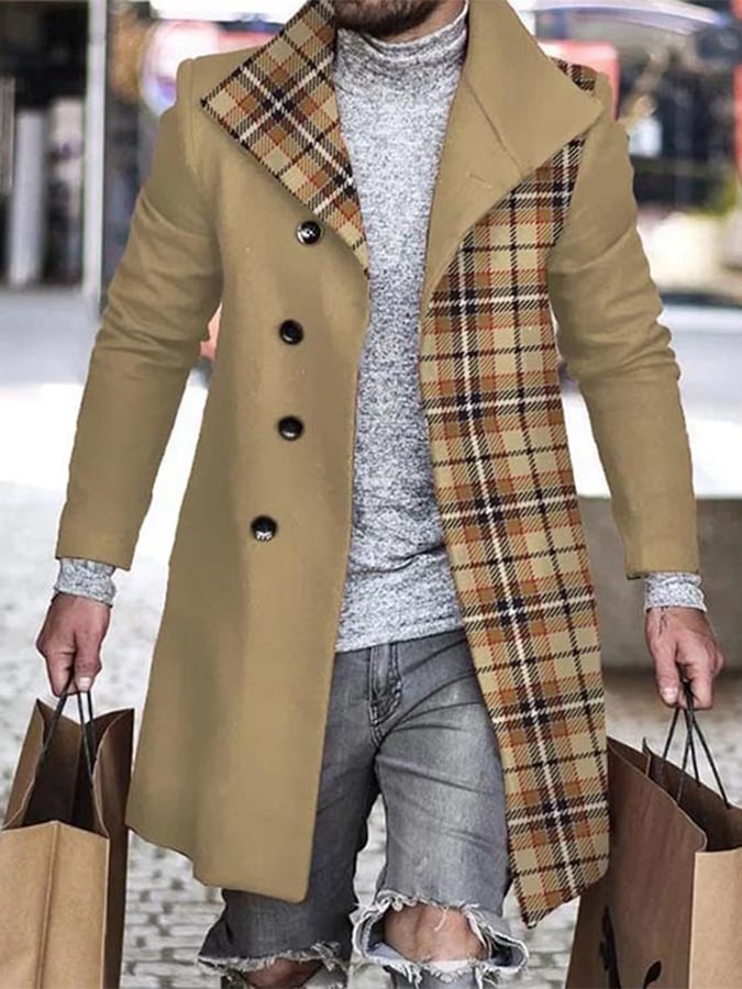 Men's Stylish Plaid Single Breasted Faul Wool Coat