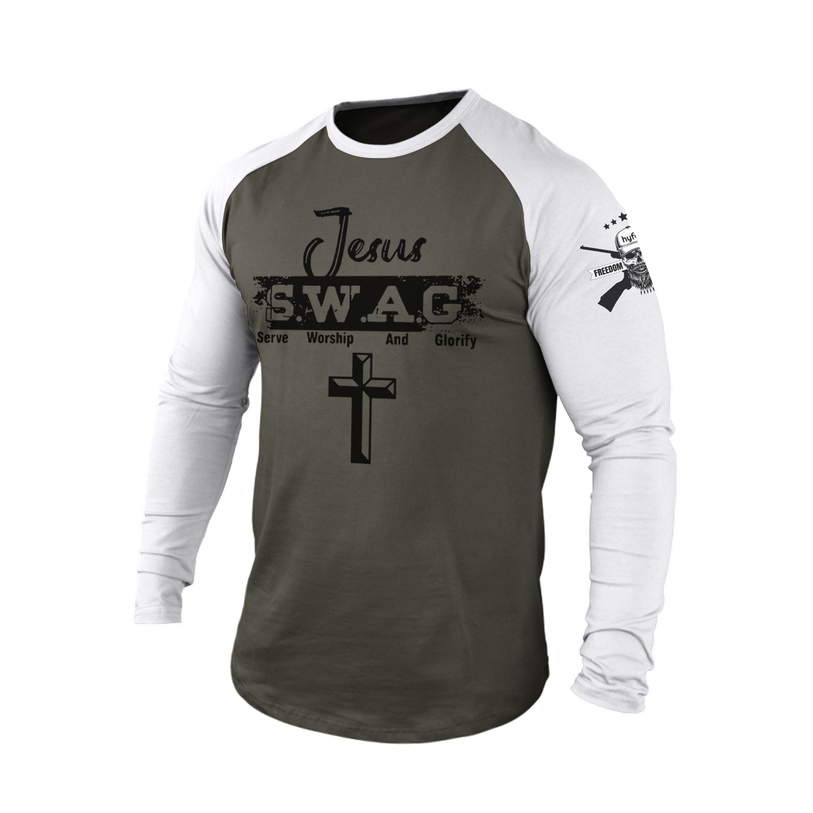 JESUS S.W.A.G CROSS 100% COTTON RAGLAN GRAPHIC LONG SLEEVE T-SHIRT