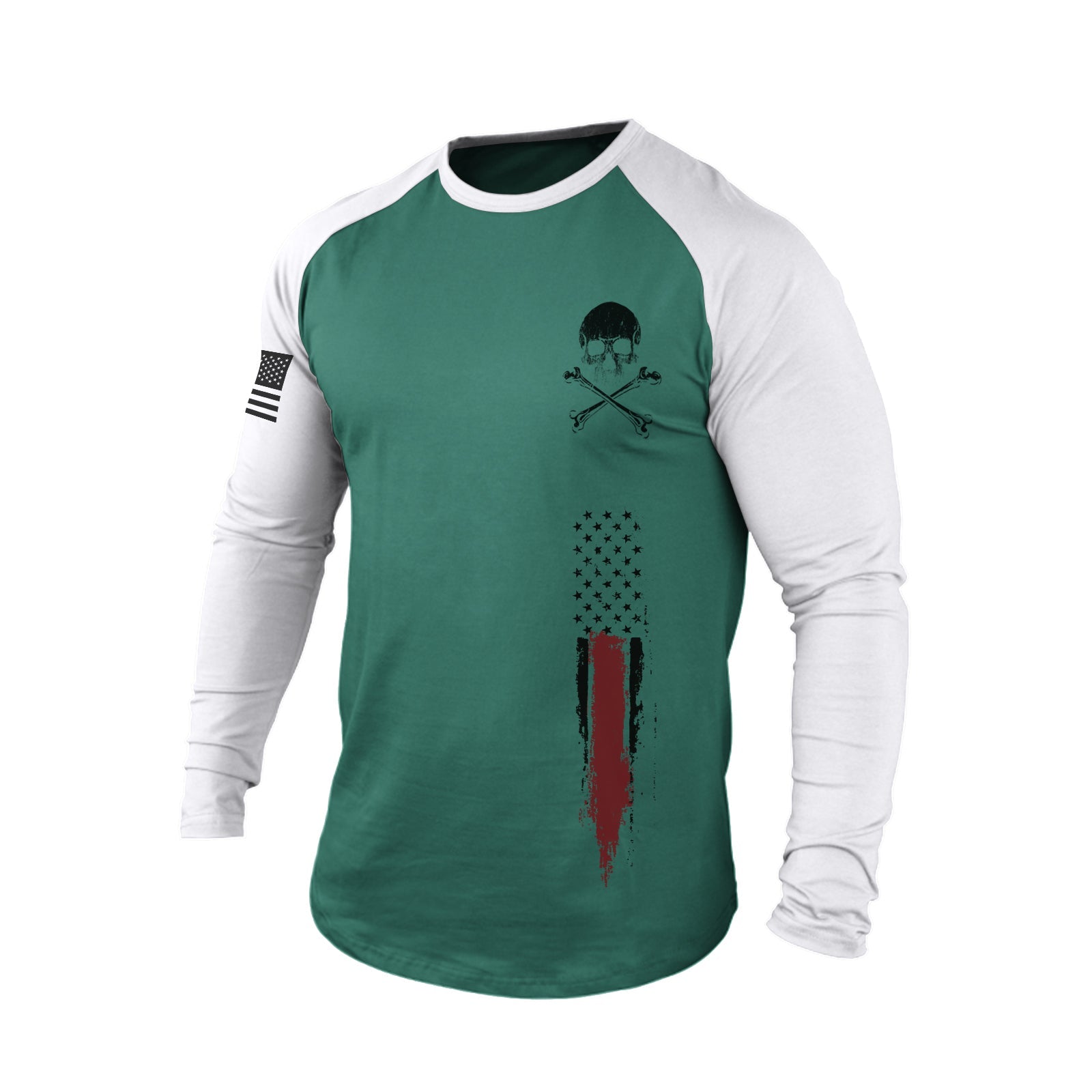 SKULL USA FLAG 100% COTTON RAGLAN GRAPHIC LONG SLEEVE T-SHIRT
