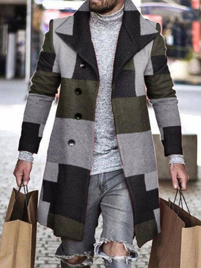 Men's Stylish Color Block Single Breasted Faul Wool Coat