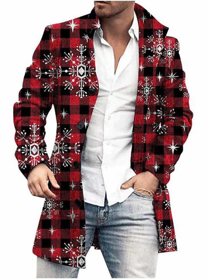 Men's Fashionable Christmas Element Printed Woolen Coat
