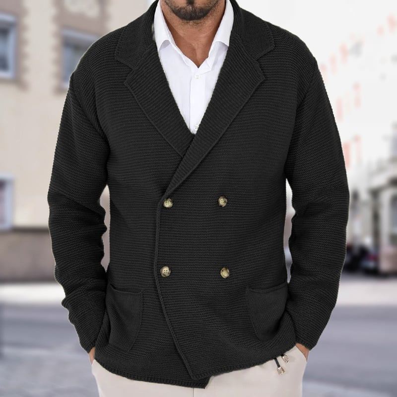 Men's Solid Color Double Breasted Suit Collar Knitted Cardigan
